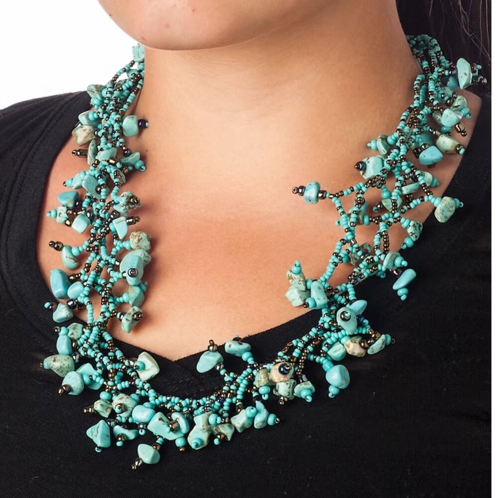 Multi Strand Hand beaded Turquoise Vine Necklace
